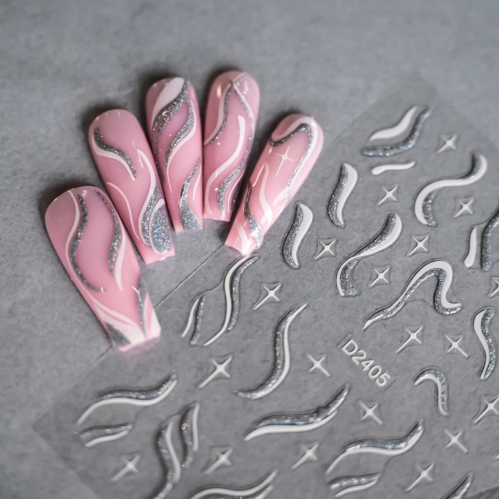 Shiny Glitter French Lines Nails Stickers Waves Curve Ribbon White Gold Stripes Manicure Decals Nails Charming Decoration NK-324