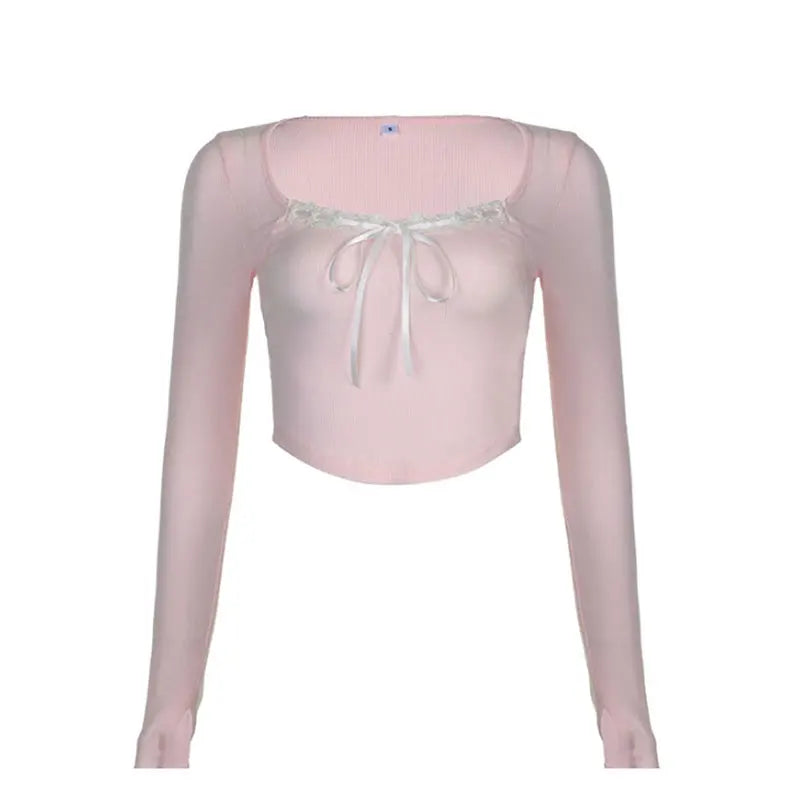 Mooyu Cute Bandage Bow Cropped Top Pink Sweet Coquette Sweet T Shirts Fall Spring Casual Square Collar Tees Women y2k Aesthetic