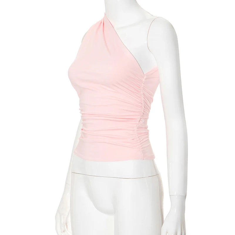 Solid Color One Shoulder Backless Shrink Tank Top T-Shirt Candy Color Tight Sexy Sleeveless Neckless Slim Casaul Top