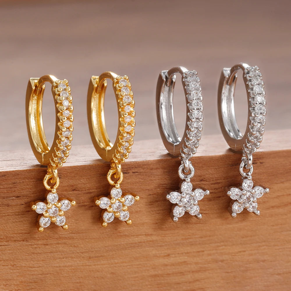 2PCS Delicate Zircon Flower Dangle Earrings For Woman Gold Plated Stainless Steel Premium Daily Cartilage Piercing Jewelry