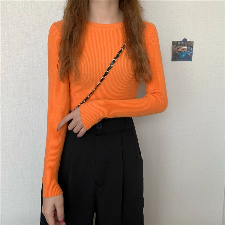 New Women Sweater  Long Sleeve Pullover Basic Top Fashion O-neck Elastic Female Winter Solid Knitted Jumper