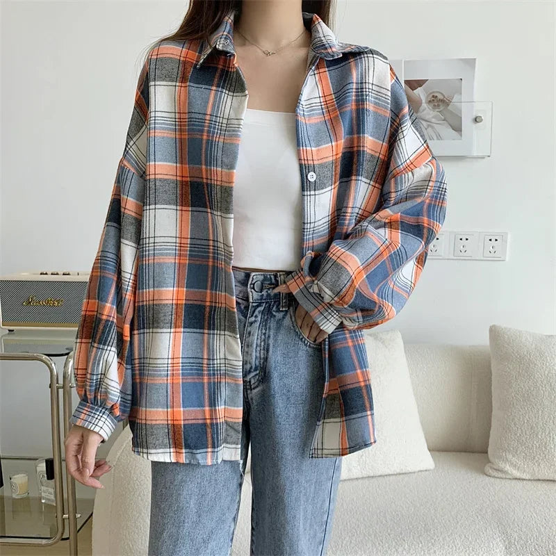 Plaid Shirt Women Long Sleeve Top Female Vintage Fashion Single Breasted Blouse Ladies Preppy Style Loose Check Shirts