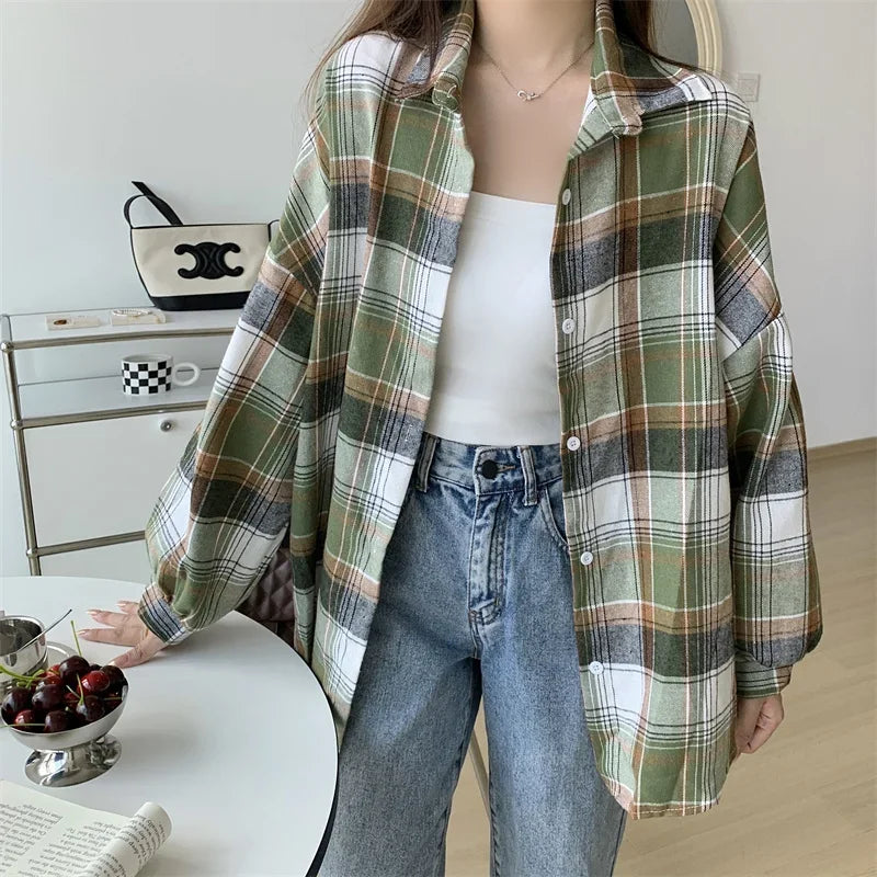 Plaid Shirt Women Long Sleeve Top Female Vintage Fashion Single Breasted Blouse Ladies Preppy Style Loose Check Shirts