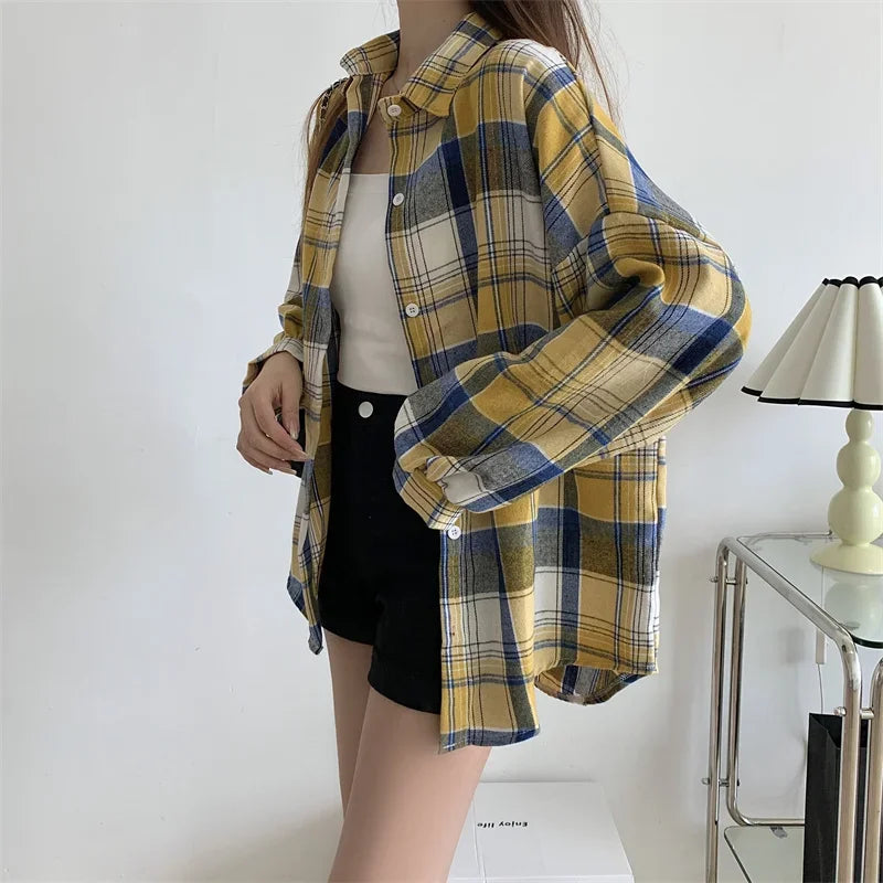 Plaid Shirt Women Long Sleeve Top Female Vintage Fashion Single Breasted Blouse Ladies Preppy Style Loose Check Shirts