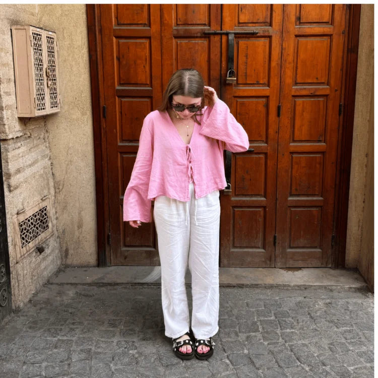 Cotton Linen Lace Up Bow Shirts Women Loose Hollow Out V Neck Long Sleeve Tops Female 2026 Spring New Lady Streetwear Top