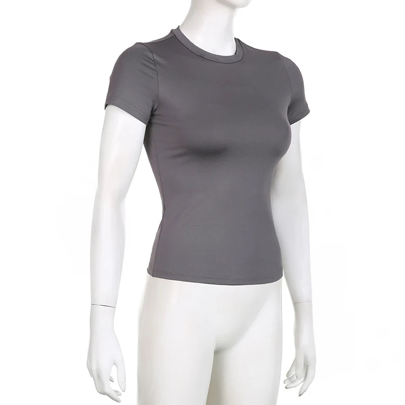 Basic Solid Crop Top Short Sleeve Crewneck Skinny T-shirt Summer Casual Tee for Women Y2K Vintage Top Streetwear