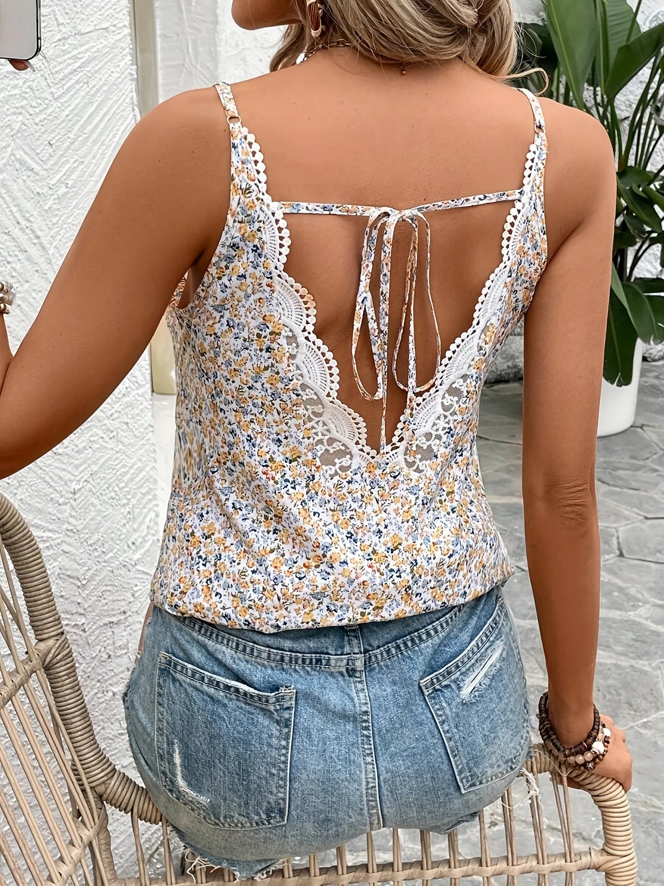 French Lace Patchwork Floral Print Camisole Top, Suitable for Women, Summer Top, Suitable for Vacation