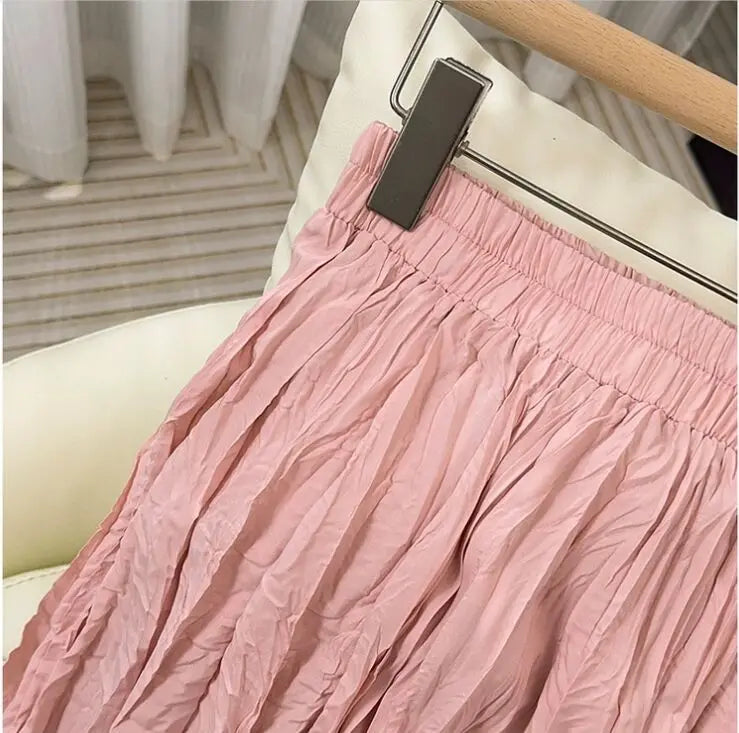 Spring Summer Elastic Waist Skirts Women Wrinkled Soft Solid A Line Long Skirt With Linning
