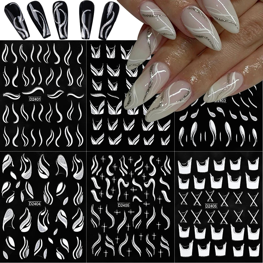 Shiny Glitter French Lines Nails Stickers Waves Curve Ribbon White Gold Stripes Manicure Decals Nails Charming Decoration NK-324