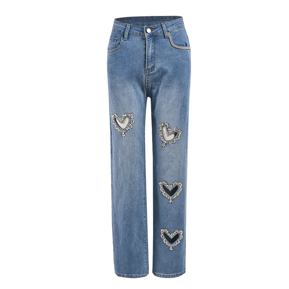 Women Stretch Jeans Ankle Length Jean Washed Denim Straight Pants High Waist Trousers Pockets Basics Hollow Solid Diamonds