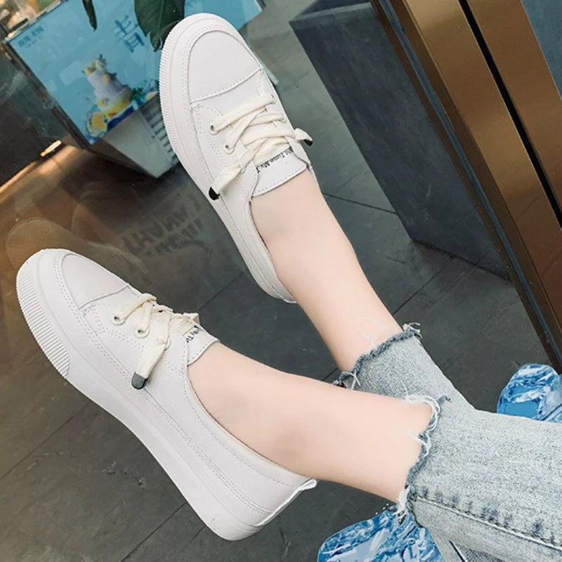 Women Sneakers Pu Leather Casual Shoes Round Toe Shallow Flat Shoes Fashion Outdoor Loafers White Slip On Women Vulcanize Shoes