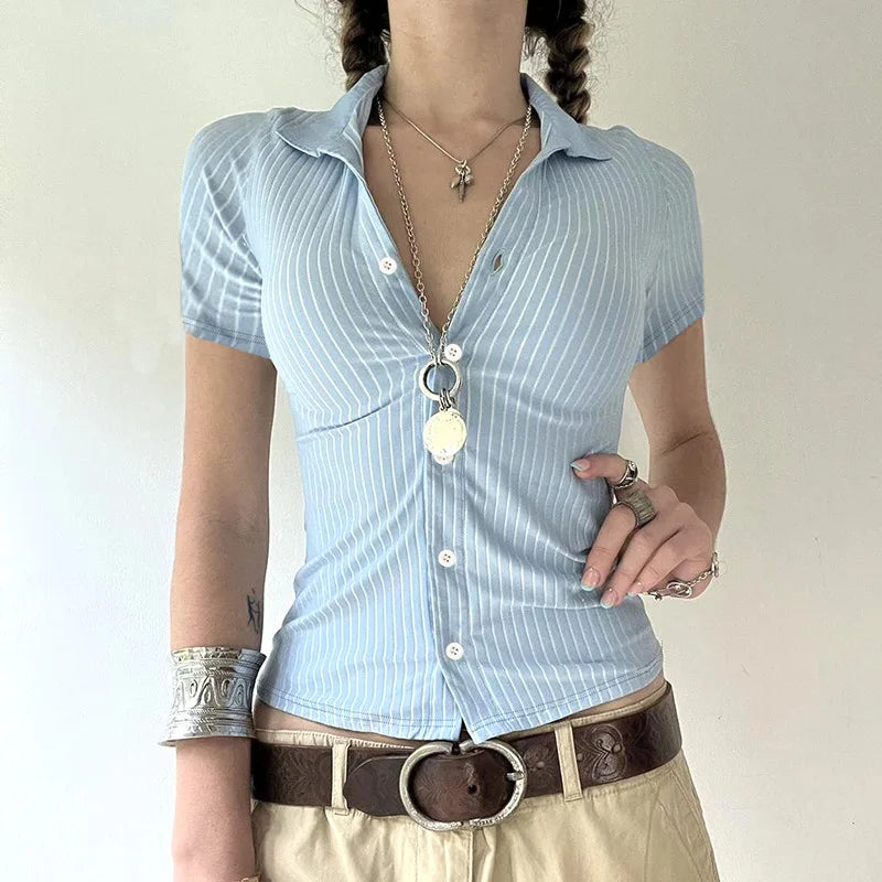 Blue White Stripe Polo Neck Button Splice Short Sleeve T Shirt Slim Fit Curves Sensation Outerwear