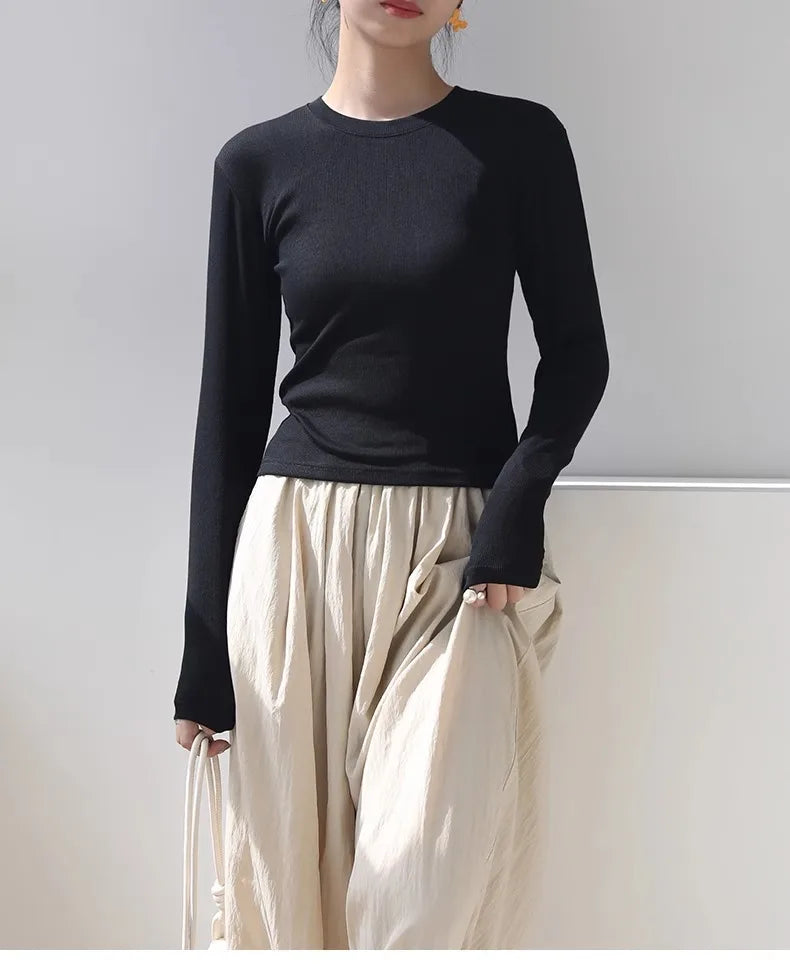 Cotton Women Long Sleeve T-shirt Solid O Neck Slim Base Layer Shirt Autumn New Casual Skinny Bottoming Shirt Sexy Cropped Tops