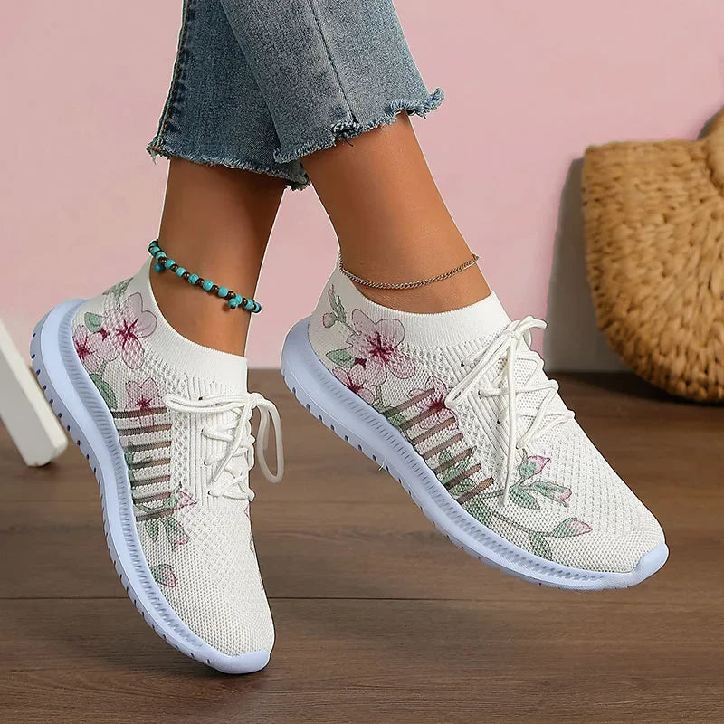 Breathable Knitted Casual Sneakers for Women Lightweight Soft Sole Slip On Walking Shoes Woman Plus Size Fashion Printed Flats