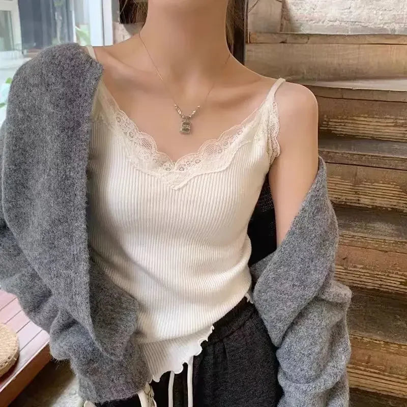 2026 Sleeveless Black Vest Lace Tank Top Women Cropped Cute Camis Sexy White Tank Tops Female Summer Y2k Clothes