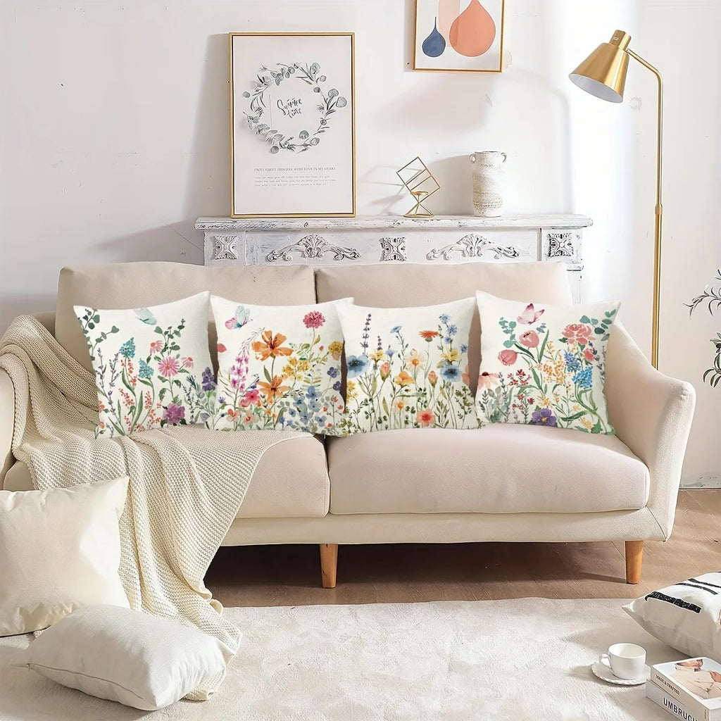 4pcs Floral Printed Pillowcases with Butterfly Motifs Sofa cushion cover home bedroom room decoration