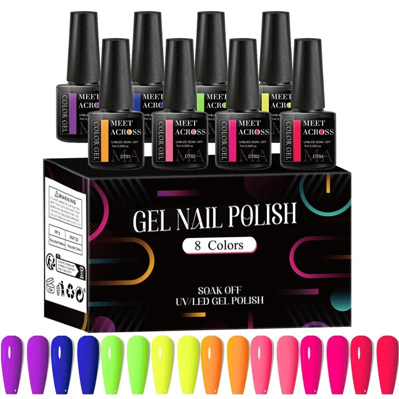 8Pcs/Set Fluorescent Gel Nail Polish Set Summer Colorful Semi Permanent Nail Art Gel Varnish Nail Supplies Manicure For Nails