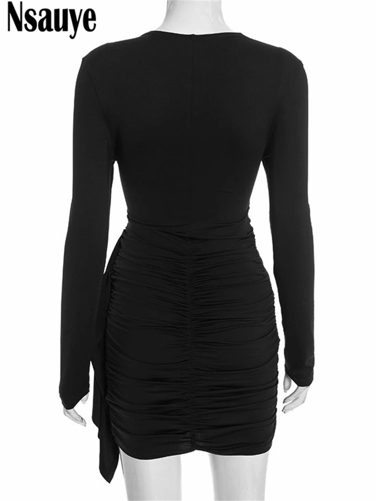 Nsauye New Fashion Women Short Wrap High Waisted Mini Winter Dress Outfits Sexy Night Club Party Evening Long Sleeve Dress