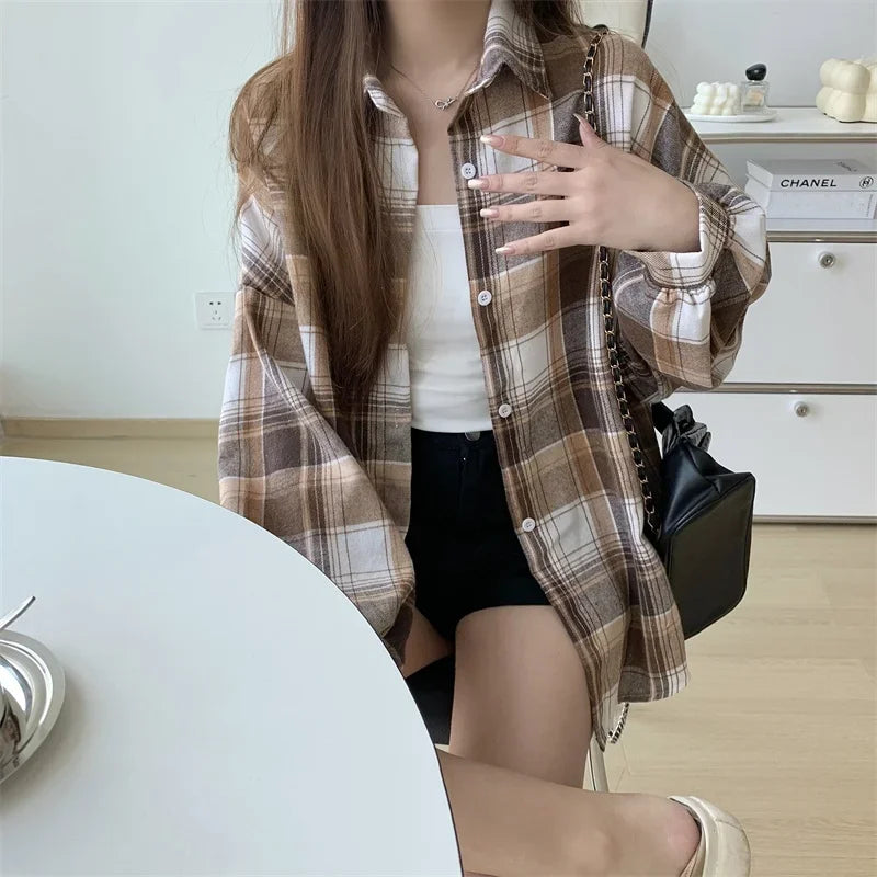 Plaid Shirt Women Long Sleeve Top Female Vintage Fashion Single Breasted Blouse Ladies Preppy Style Loose Check Shirts