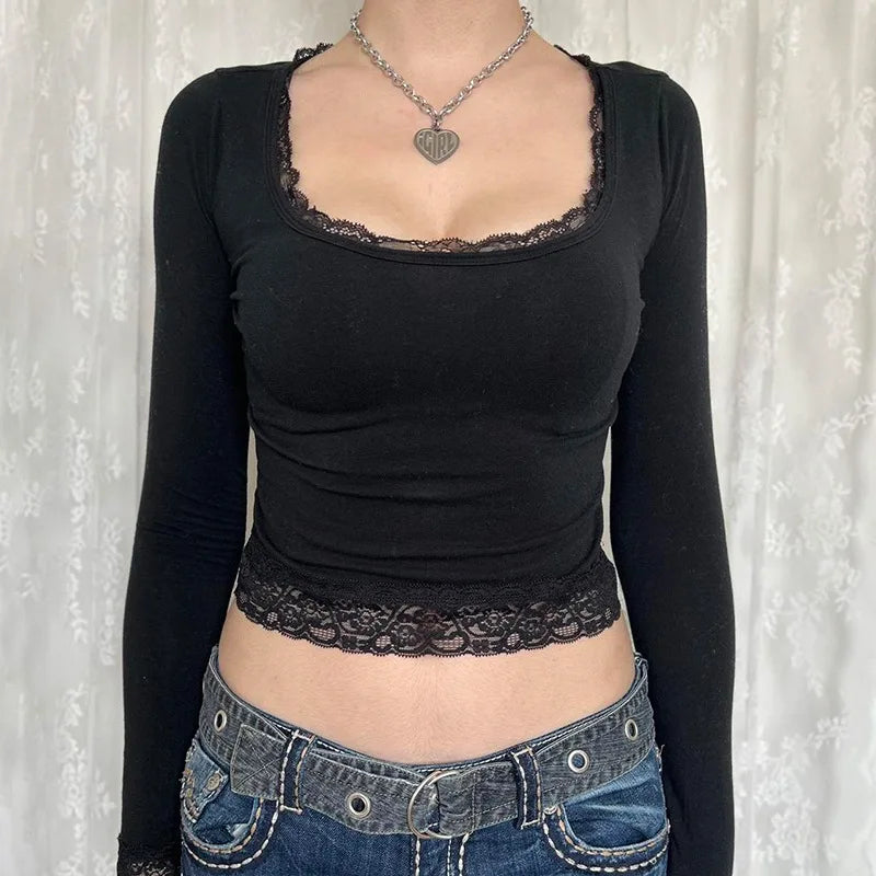 2000s Graphic T Shirt Vintage Fairy Grunge Women Autumn Lace Trim Long Sleeve Slim Fits Tops y2k Clothes Basic Tees