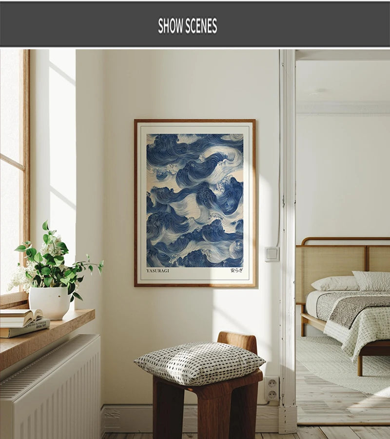 Print Poster Modern Minimalist Art Prints Home Decor Wall Gifts-unframed Japanese Retro Blue Wave Abstract Canvas