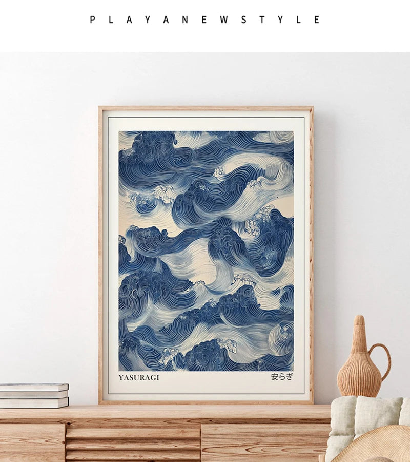 Print Poster Modern Minimalist Art Prints Home Decor Wall Gifts-unframed Japanese Retro Blue Wave Abstract Canvas