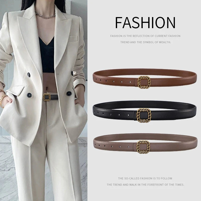 Ladies' vintage square-buckle leather belt; versatile dress belt for women; simple waist belt for women's suits; vintage