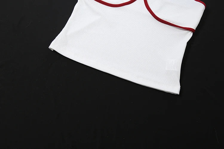 Kliou Contrast Color Patchwork 2 Piece Set Woman Low-Neck Backless Crop Tops+Skinny Shorts Daily Home Style Simple Fashion Suits