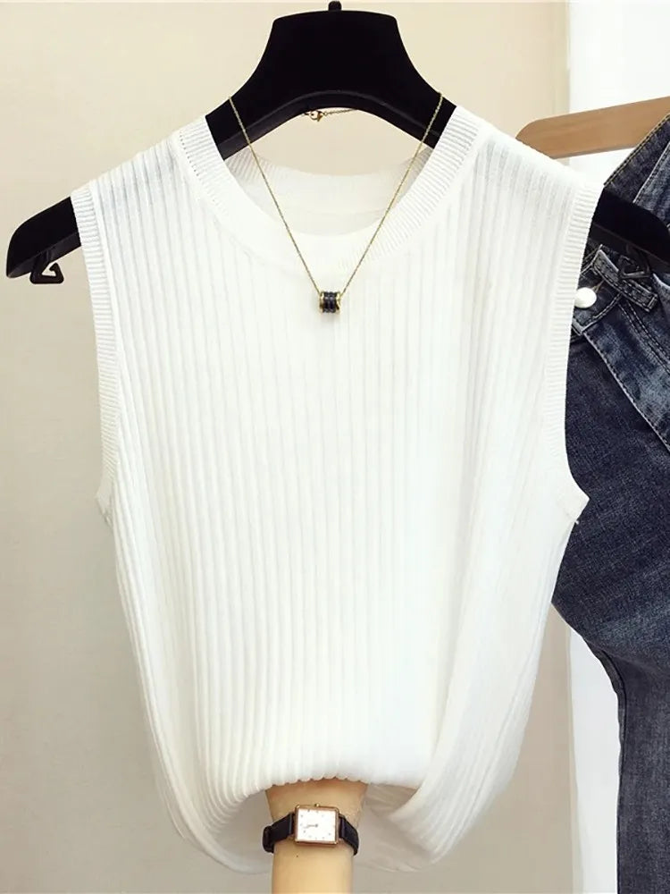 Summer Spring Tanks Top Women Sleeveless Knitted T-Shirts Female Elastic Slim Casual Vests Crop Tops Camis Pullover Shirts