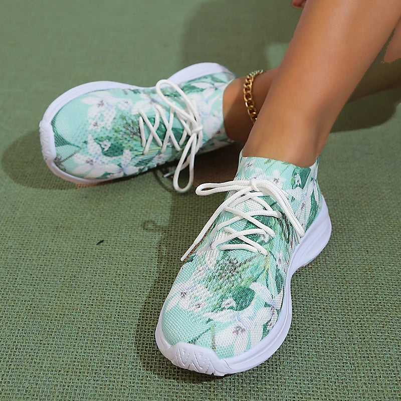 Breathable Knitted Casual Sneakers for Women Lightweight Soft Sole Slip On Walking Shoes Woman Plus Size Fashion Printed Flats