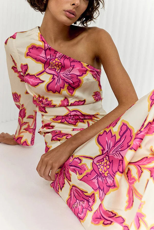 Fashion Rose Printed Satin Dress Womens Elegant High Waist  Boho Maxi Dress Sexy One Shoulder Long Sleeve Women Party Dresses