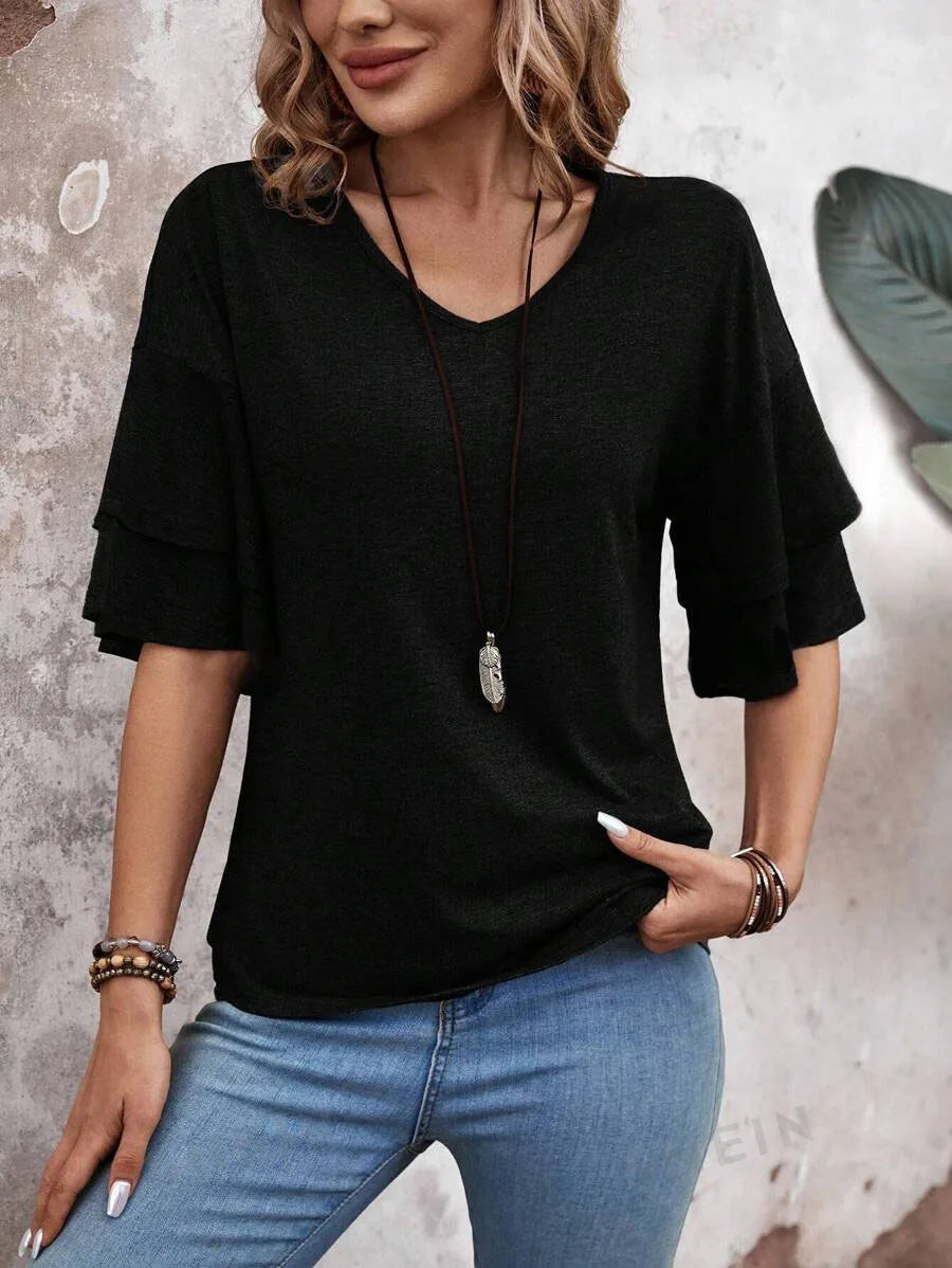 Women's Summer V-Neck Double Layer Ruffle Sleeve Top Unique Casual Solid Design