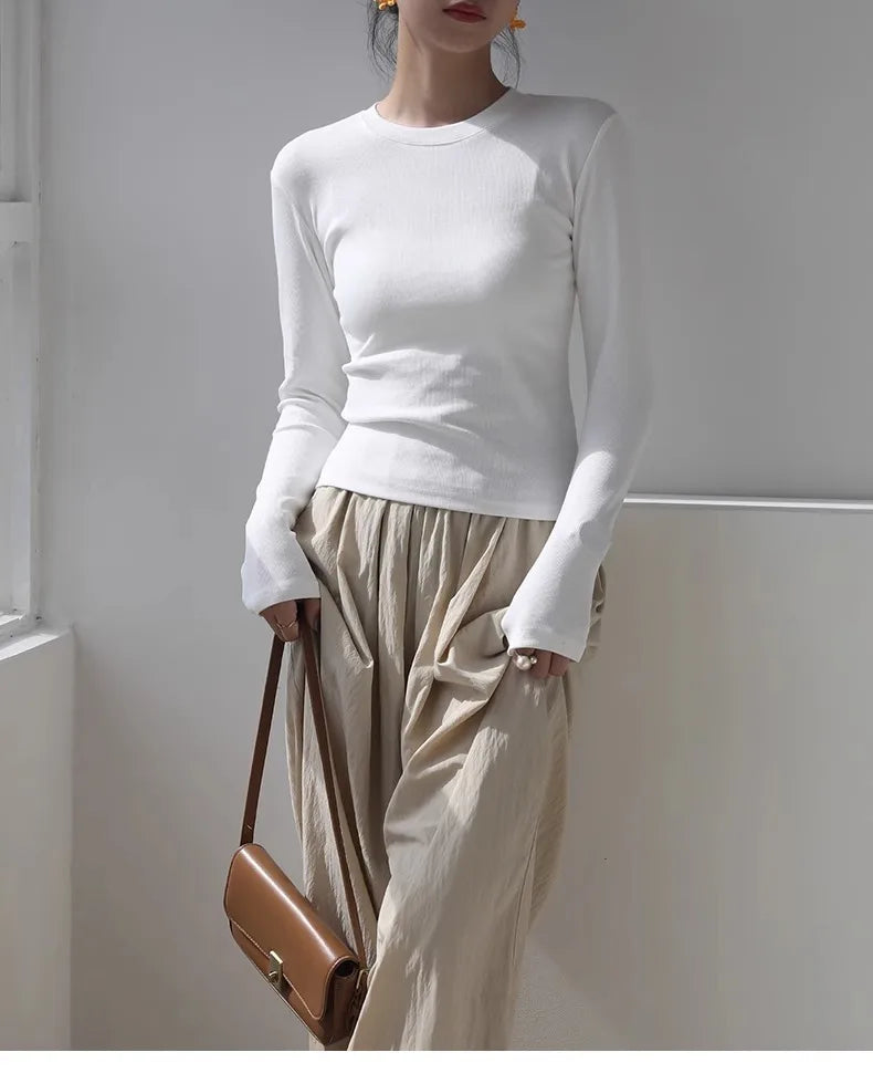 Cotton Women Long Sleeve T-shirt Solid O Neck Slim Base Layer Shirt Autumn New Casual Skinny Bottoming Shirt Sexy Cropped Tops