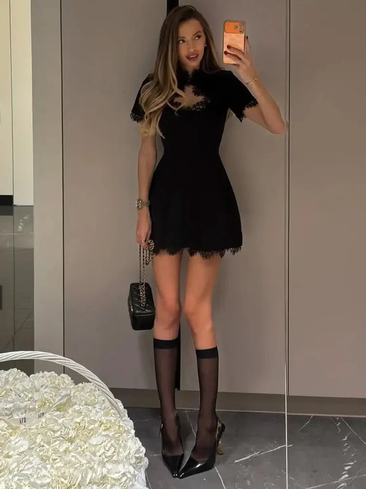 Tossy Black Lace Hollow Out Mini Dress Female Patchwork Short Sleeve Sexy High Waist Party Dress Women's Casual Printed Dress