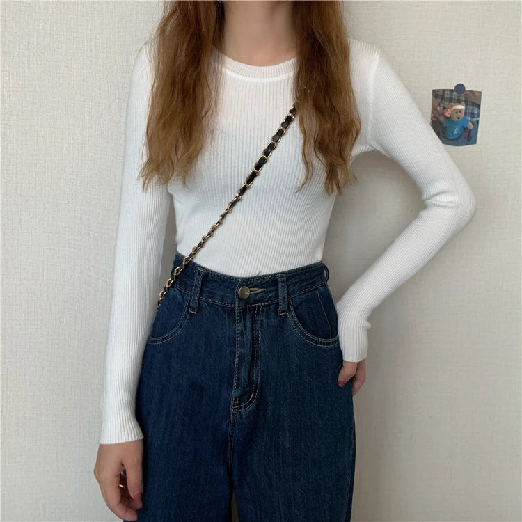 New Women Sweater  Long Sleeve Pullover Basic Top Fashion O-neck Elastic Female Winter Solid Knitted Jumper
