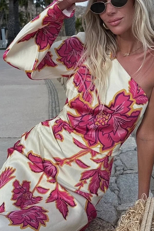 Fashion Rose Printed Satin Dress Womens Elegant High Waist  Boho Maxi Dress Sexy One Shoulder Long Sleeve Women Party Dresses