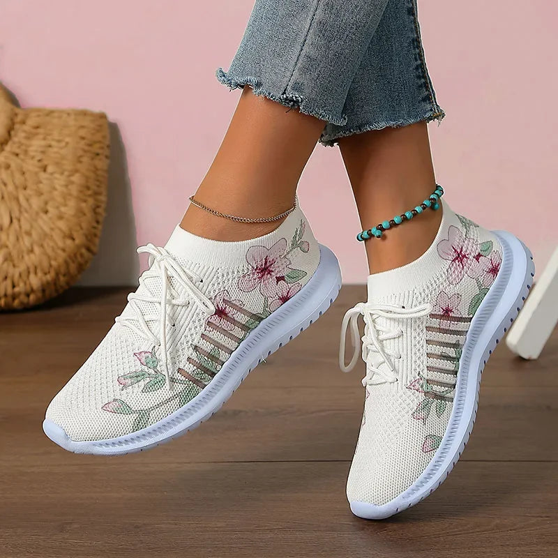 Breathable Knitted Casual Sneakers for Women Lightweight Soft Sole Slip On Walking Shoes Woman Plus Size Fashion Printed Flats