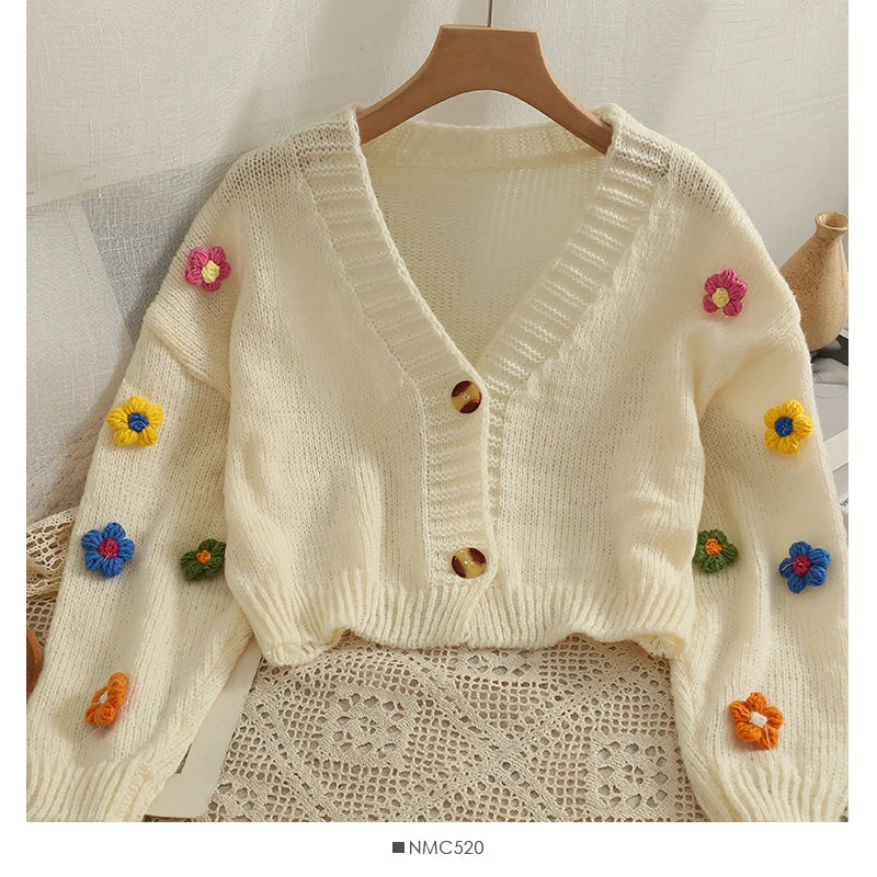 Appliqué Flowers Cardigan Women Fall Winter Cropped V-neck Button-up Knitted Sweater Jacket Fairycore Shrunken Cardigan