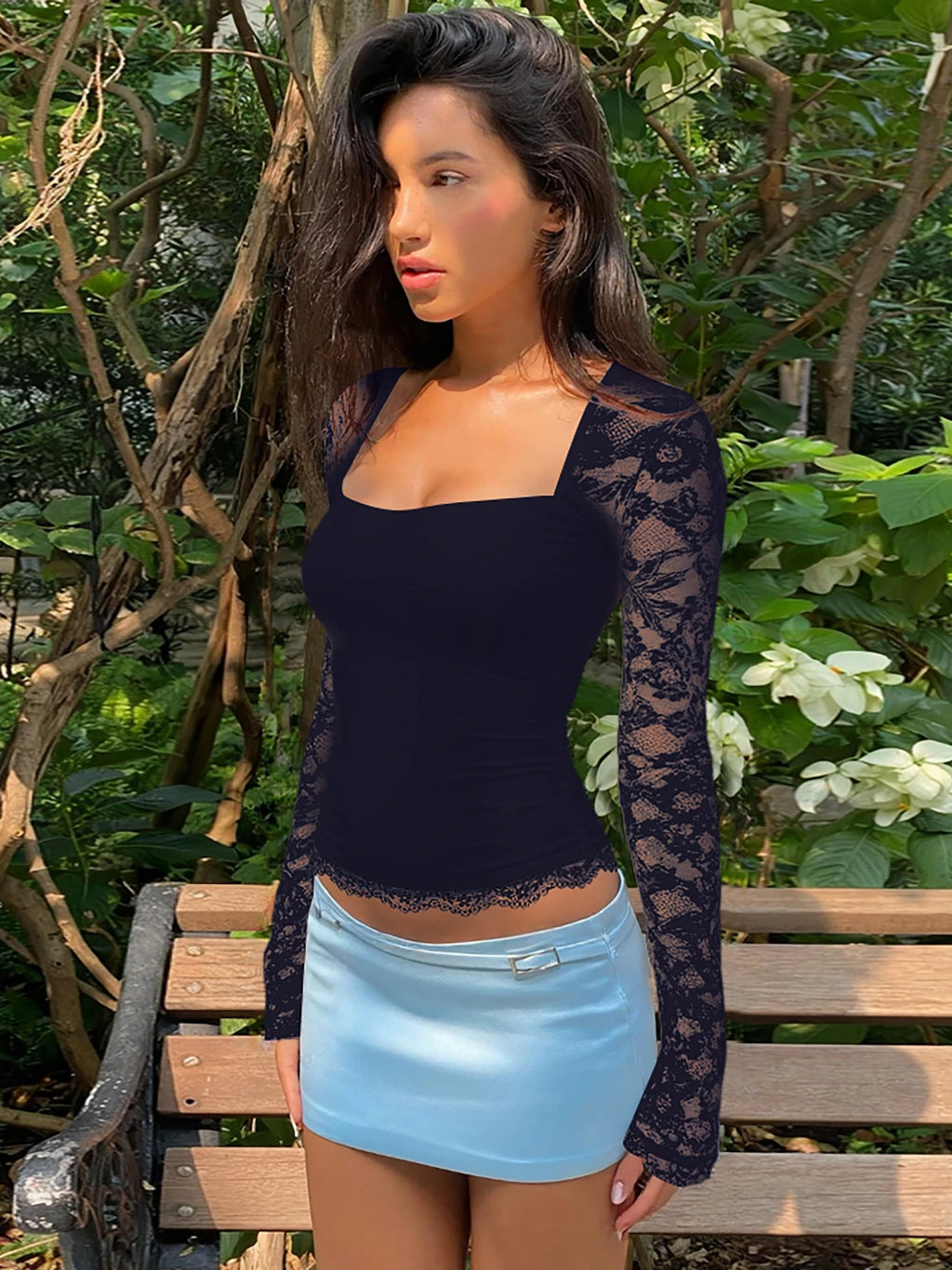 Hugcitar Women Fashion Square Collar Patchwork Lace Floral Print Long Sleeve Sexy Crop T-Shirt Sheer Summer Clothes Party Club