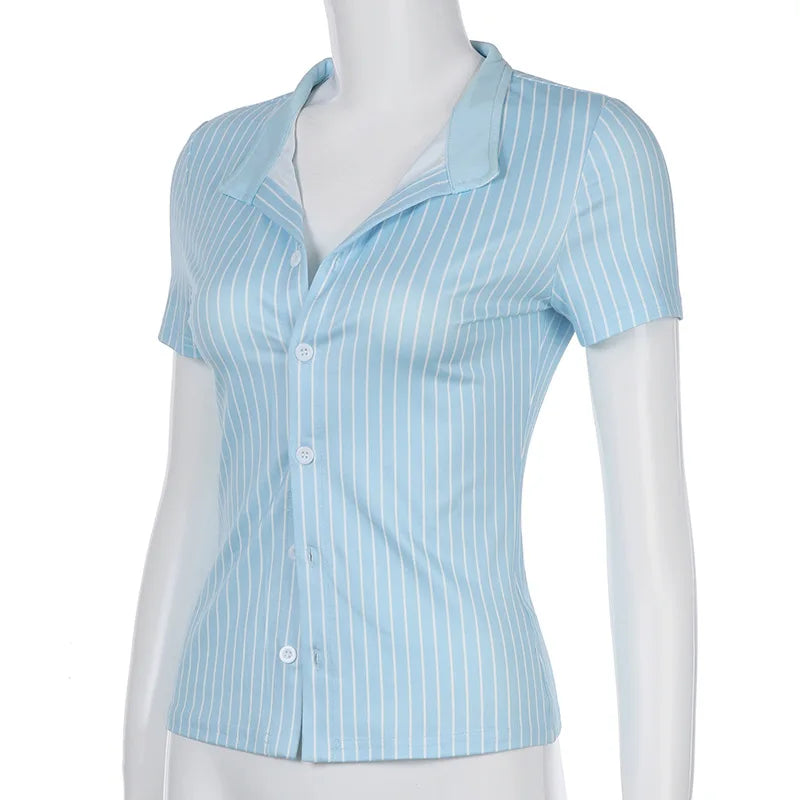 Blue White Stripe Polo Neck Button Splice Short Sleeve T Shirt Slim Fit Curves Sensation Outerwear